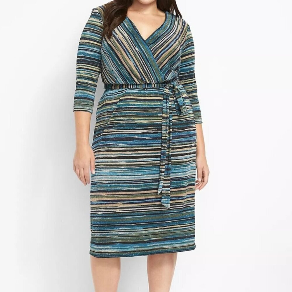 Lane Bryant Metallic Stripe Wrap Cocktail Dress Tie Waist Plus 18/20 NWT